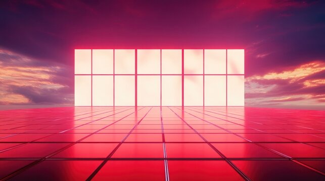 Neon-lit, empty room at sunset.  Possible use Stock photo for futuristic design, architecture, product showcase