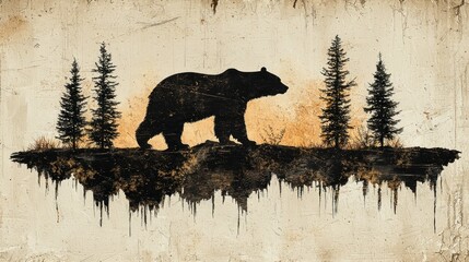 Majestic Bear Silhouette in the Wild: A Grunge Artistic Depiction of a Grizzly Bear Roaming Through a Pine Forest at Sunset