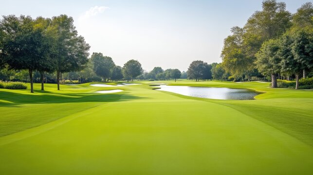 A lush green golf course unfolds, featuring a gently sloping fairway and a tranquil pond. Mature trees line the course, creating a serene landscape. The image boasts high resolution and natural light