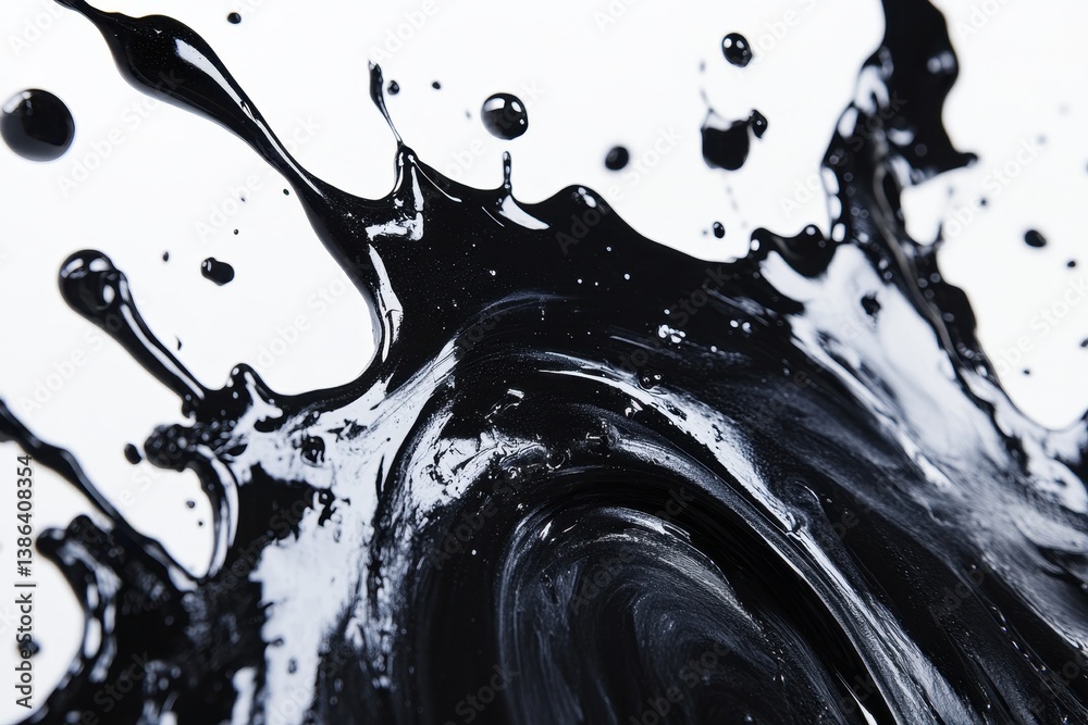 Poster black liquid splashing upward with droplets forming an abstract shape against a light background dur