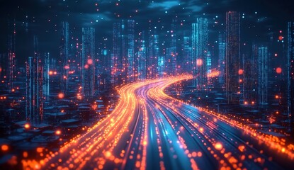 Fototapeta premium Futuristic cityscape at night, towering skyscrapers with vibrant blue and orange neon lights, winding road leading into the distance, digital art style, cyberpunk atmosphere, glowing technology
