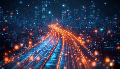 Fototapeta premium Futuristic cityscape at night, towering skyscrapers with vibrant blue and orange neon lights, winding road leading into the distance, digital art style, cyberpunk atmosphere, glowing technology