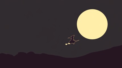 Silhouette of witch on broomstick flying across moonlit night sky