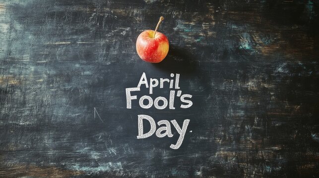 April fool's day chalkboard with red apple on dark wooden background