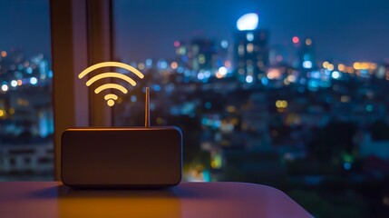 Wireless router with glowing wifi symbol against cityscape background