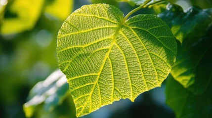 Close-up of a vibrant green leaf showcasing detailed venation and texture, illuminated by soft natural sunlight, surrounded by blurred green foliage in the background.