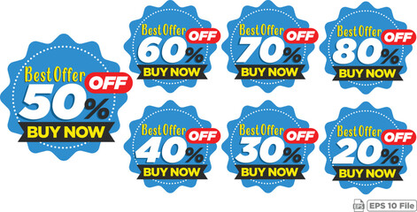 Best Offer Discount Badges Collection - Blue Scalloped Edges Featuring 20% to 80% Off and 'Buy Now' Call to Action for Marketing Promotions