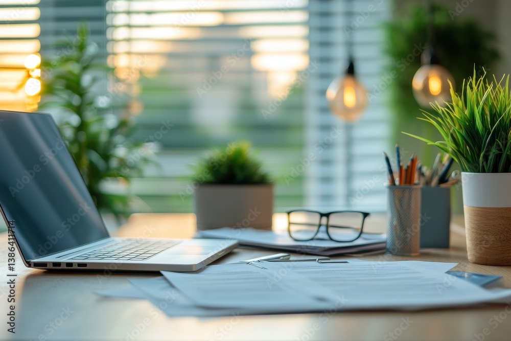Aufkleber workspace with a laptop on a wooden table surrounded by documents and plants in a modern office sett