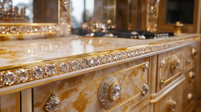 An elegant kitchen countertop featuring luxurious marble with intricate golden detailing and sparkling crystal embellishments. The close-up shot showcases the rich texture of the materials and the opu