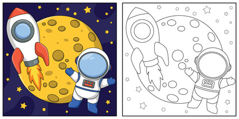 Astronaut in space. Black and white vector illustration for coloring book.