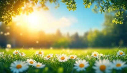 Fototapeta premium A sunny meadow filled with white daisies, background of rolling mountains and dense trees, blue sky, sunlight filtering through the leaves, creating a serene and beautiful natural scene