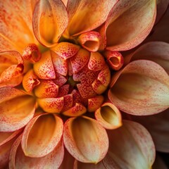 Fototapeta premium Close-up view of a vibrant dahlia flower showcasing intricate petals in shades of orange, yellow, and pink. The flower's center features a unique pattern of tightly packed petals, creating a beautiful