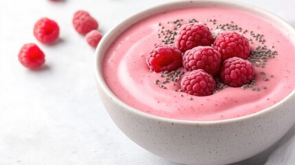 A creamy pink raspberry smoothie fills a bowl, topped with fresh raspberries and chia seeds. A few raspberries are scattered nearby. The image is high-resolution, with soft natural lighting. The sty