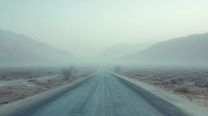 Road vanishing into fog central perspective
