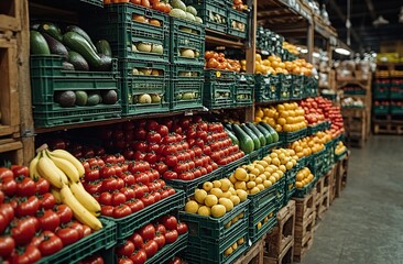 Obraz premium A spacious warehouse or market filled with a variety of fresh fruits and vegetables, well-lit with vibrant colors, showcasing an abundance of agricultural products.