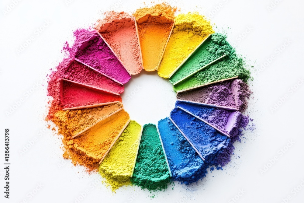 Aufkleber vibrant circle of colored powders arranged on a white surface showcasing various hues during a creat