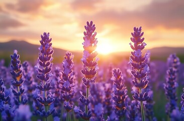 Obraz premium A vast lavender field under the sunset, with purple flowers stretching to the horizon, distant mountains and sky in the background