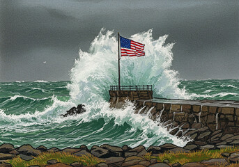 거친 파도가 밀려오는 바닷가에 성조기
