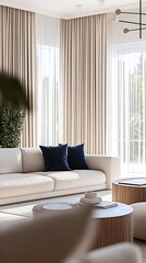 Stylish modern living room interior design featuring cozy sofa cushions and natural light pouring in through windows : Generative AI