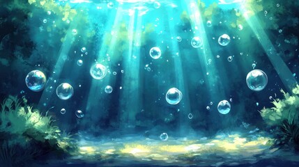 Underwater scene, sunbeams, bubbles, aquatic plants, fantasy background, game design