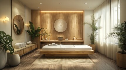 Serene Spa Room Wooden Interior, Massage Table, Plants, Natural Light