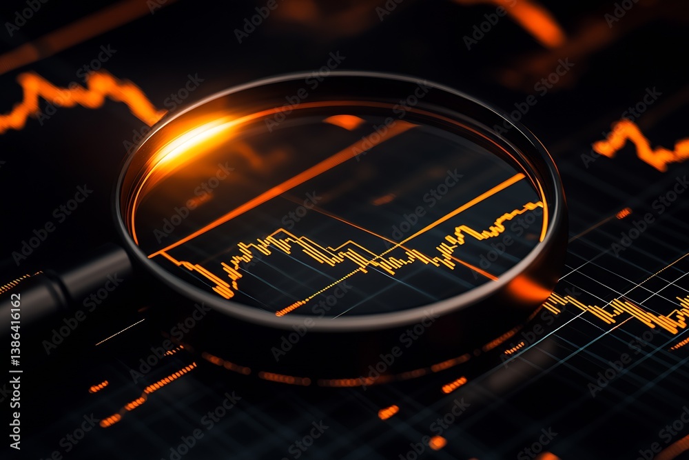Poster A magnifying glass focusing on financial data with stock market trends displayed on a dark background : Generative AI