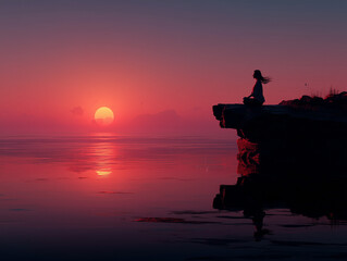 Woman Silhouetted at Sunset Over Ocean
