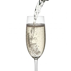 champagne pour with bubbles in glass on white background