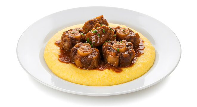 RABADA - Elevated view of a white plate filled with braised meat in sauce and polenta, garnished with greens, showcasing culinary elegance.
