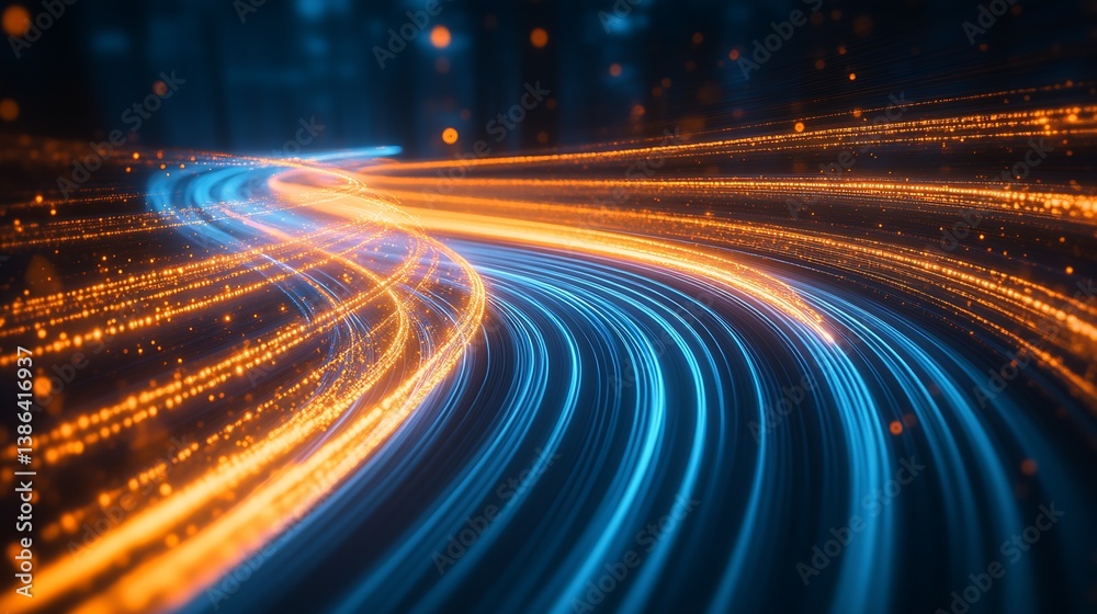 Poster swirling bright orange and blue light trails creating a captivating motion effect in a digital lands