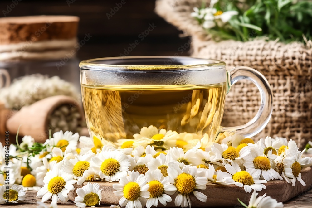 Poster delicious chamomile tea displayed in a clear glass cup with a rustic backdrop of flowers and herbs :