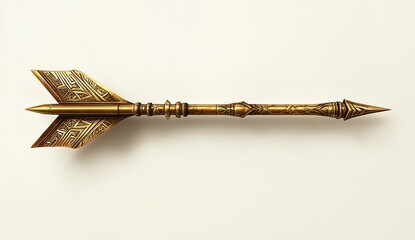 Ancient golden arrowhead with intricate geometric patterns, historical art style, smooth background, symmetrical composition, warm lighting, detailed craftsmanship.