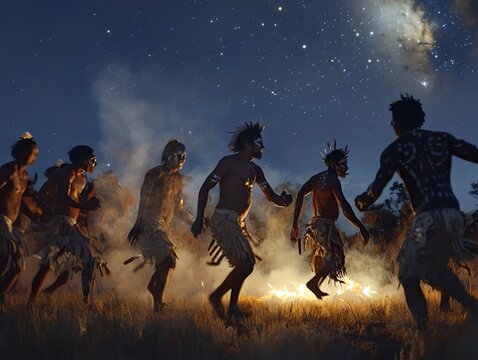 Indigenous Dancers Perform Ritual Dance Around Fire Under Starry Night Sky