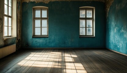 A dilapidated room with peeling deep blue walls and wooden floors, sunlight streaming through three aged windows, creating dramatic light and shadow contrasts
