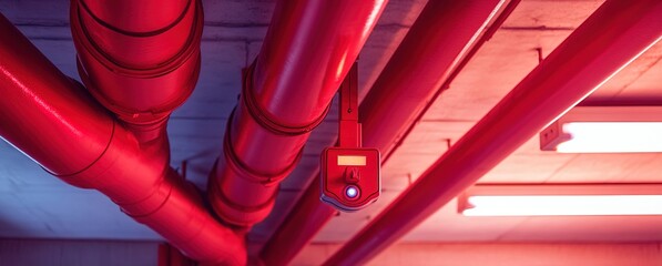 Industrial style with rows of vibrant red pipes on ceilings, bright lighting, metallic textures, modern architectural details, clean lines, functional design