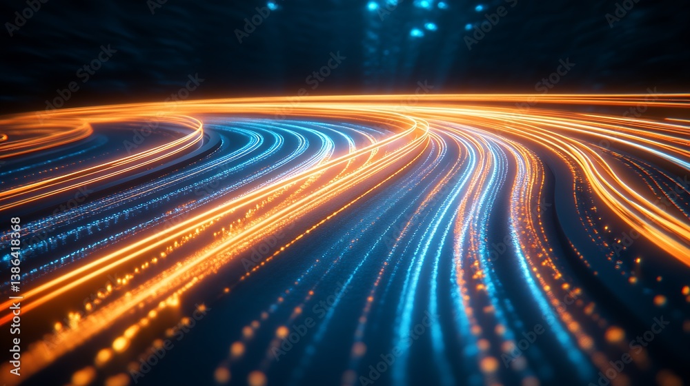 Poster Flowing orange and blue light trails illuminating a dark environment in a smooth and artistic manner : Generative AI