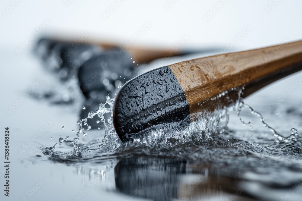 Poster water flows rapidly over a wooden surface, creating splashes and droplets in a well-lit environment 