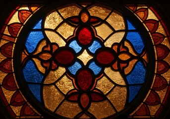 Intricate Stained Glass Window Decorative Art, Circular Design, Religious Symbolism, Detailed Patterns, Vintage Look