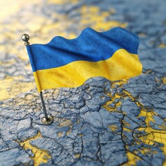 Ukrainian flag waving over a textured blue and yellow map background.