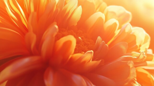 A close-up image of an orange flower, showcasing its vibrant petals with a soft focus and warm sunlight illuminating the scene. The layers of the petals create a rich texture, and the overall composit