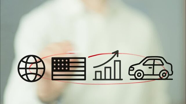 Businessman drawing a red line connecting a world symbol, an american flag, a growing graph, and a car, symbolizing the correlation between car imports and tariffs