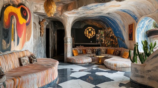 A vibrant and artistic interior design featuring an unconventional living room layout. The room showcases a curvy, multi-seater couch adorned with striped upholstery and decorative pillows, complement