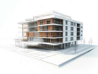 Modern Architectural Building Sketch Design with Clean Lines and Wood Accents