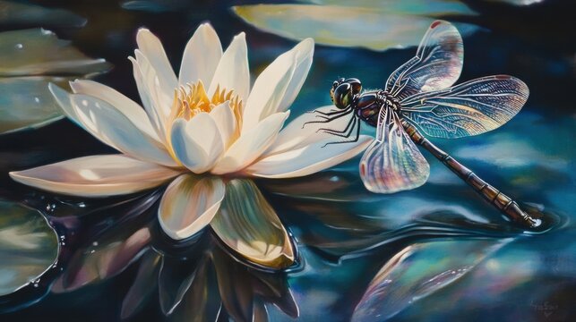 A vibrant and detailed close-up of a dragonfly perched on a white water lily, surrounded by dark, reflective water. The delicate wings of the dragonfly are beautifully translucent, displaying a rainbo