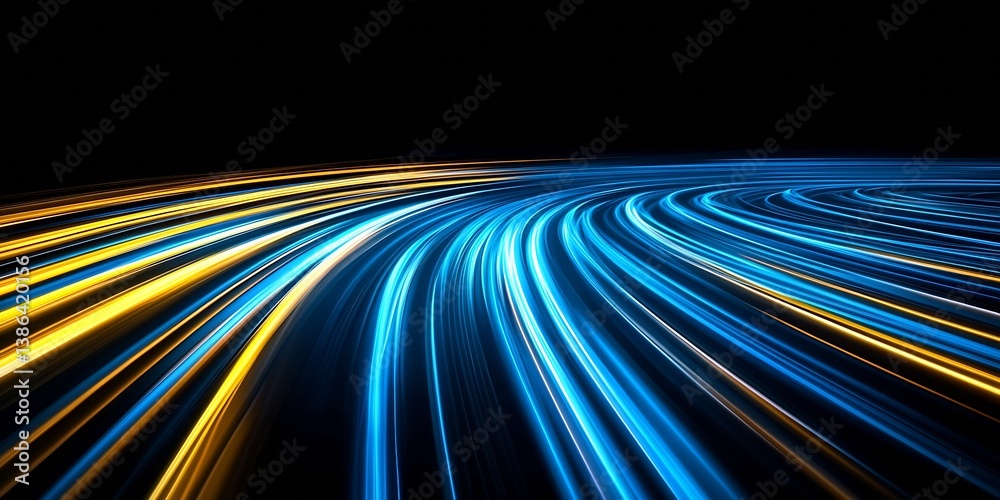 Poster Vibrant light trails creating a stunning abstract pattern in blue and yellow against a dark background : Generative AI