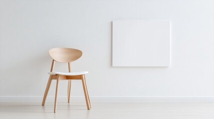 A light wood chair with a white cushion sits in a minimalist room. A large, blank white canvas hangs on the wall behind it. The image is high quality, brightly lit, and features a simple, clean aesth