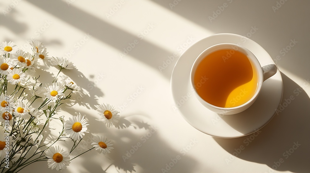 Poster a calming cup of chamomile tea beside delicate daisies and soft shadows in natural light setting : g