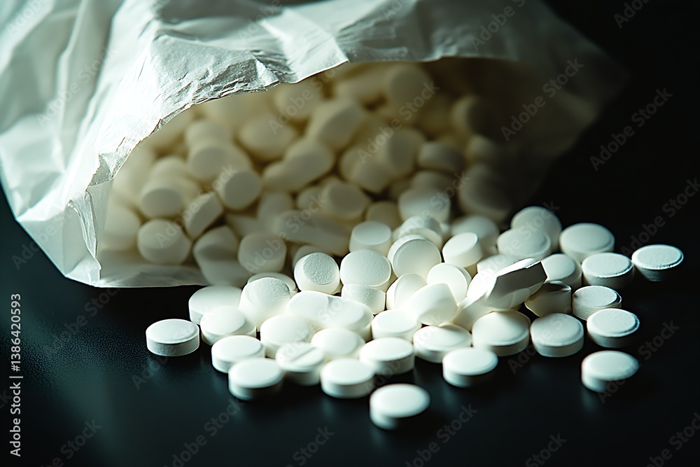 Poster a close view of scattered white pills spilling from a bag symbolizing healthcare and medications : g