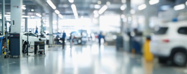 car service centre auto repair workshop blurred panoramic background 
