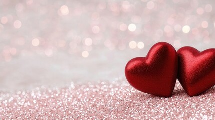 Fototapeta premium Two red hearts on a soft pink background
